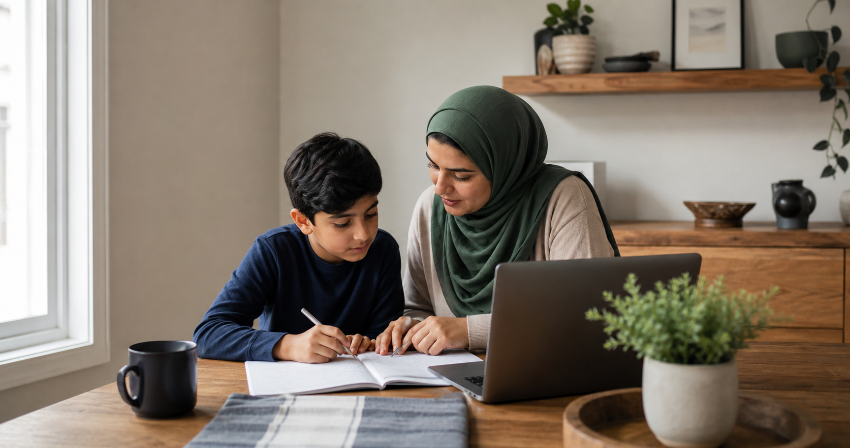 A mother supporting her son as he works in a notebook beside a laptop at home
