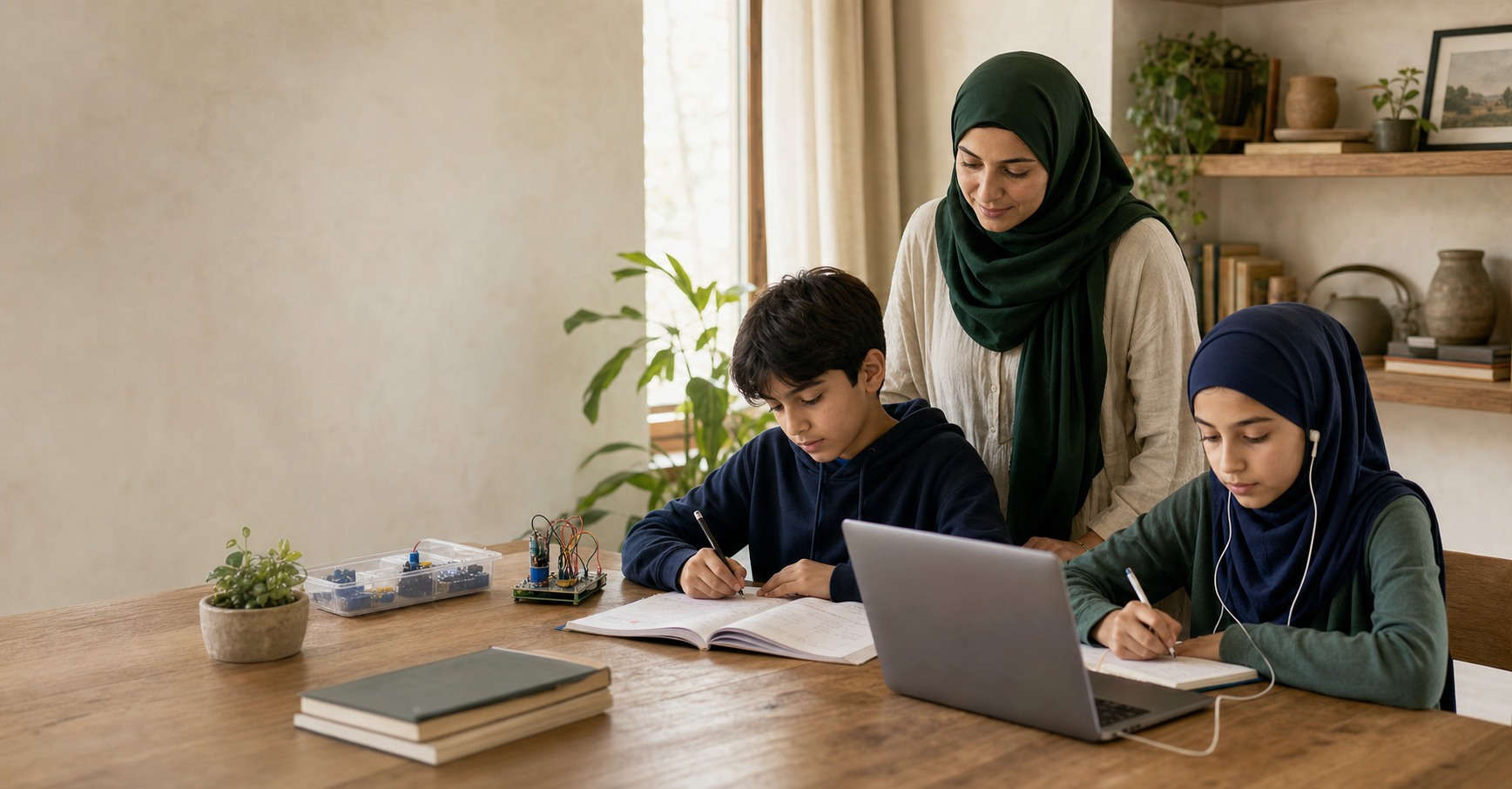 Two Muslim children learning Quran, Mathematics, and technology at home with their mother’s support